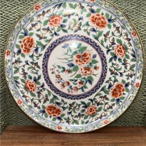 Vintage Japanese Kutani Style Charger Plate Hand Painted Floral Gold Trim Large